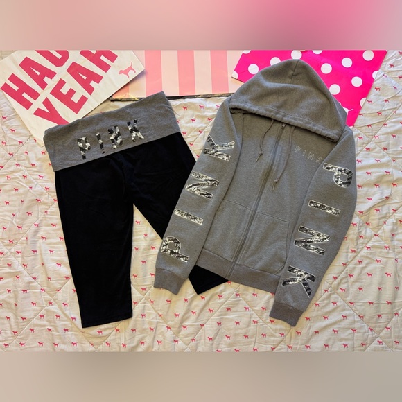 VS PINK OUTFIT SET FULL ZIP HOODIE & FOLD OVER CAPRI LEGGINGS ZEBRA BLING HTF M - Picture 1 of 11